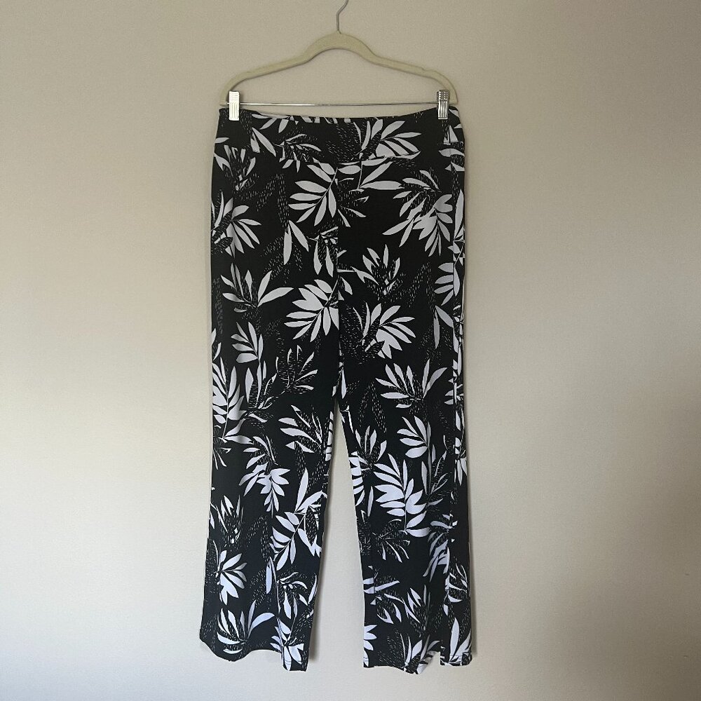 Arna York - Pull On Wide Leg Jersey Knit Pants - Black and White Palm - 1X